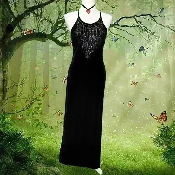 Vintage 90s Rampage Velour Black Maxi Halter Dress - Picture 4 of 11